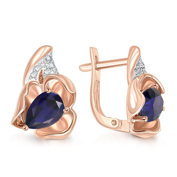 Серьги Цветы из красного золота с 2 корундами и 10 бриллиантами