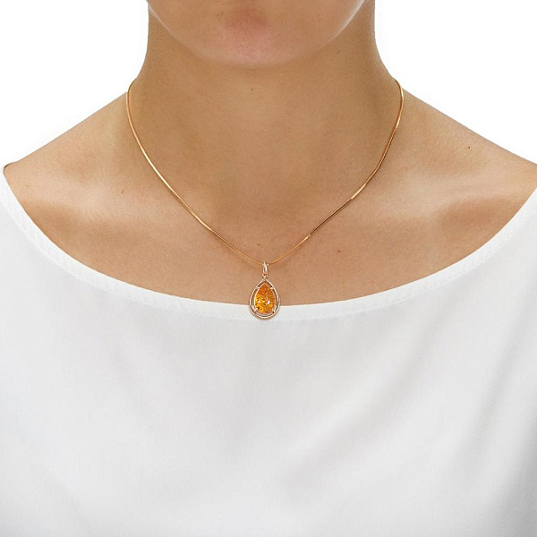 Подвеска капля из красного золота с янтарём