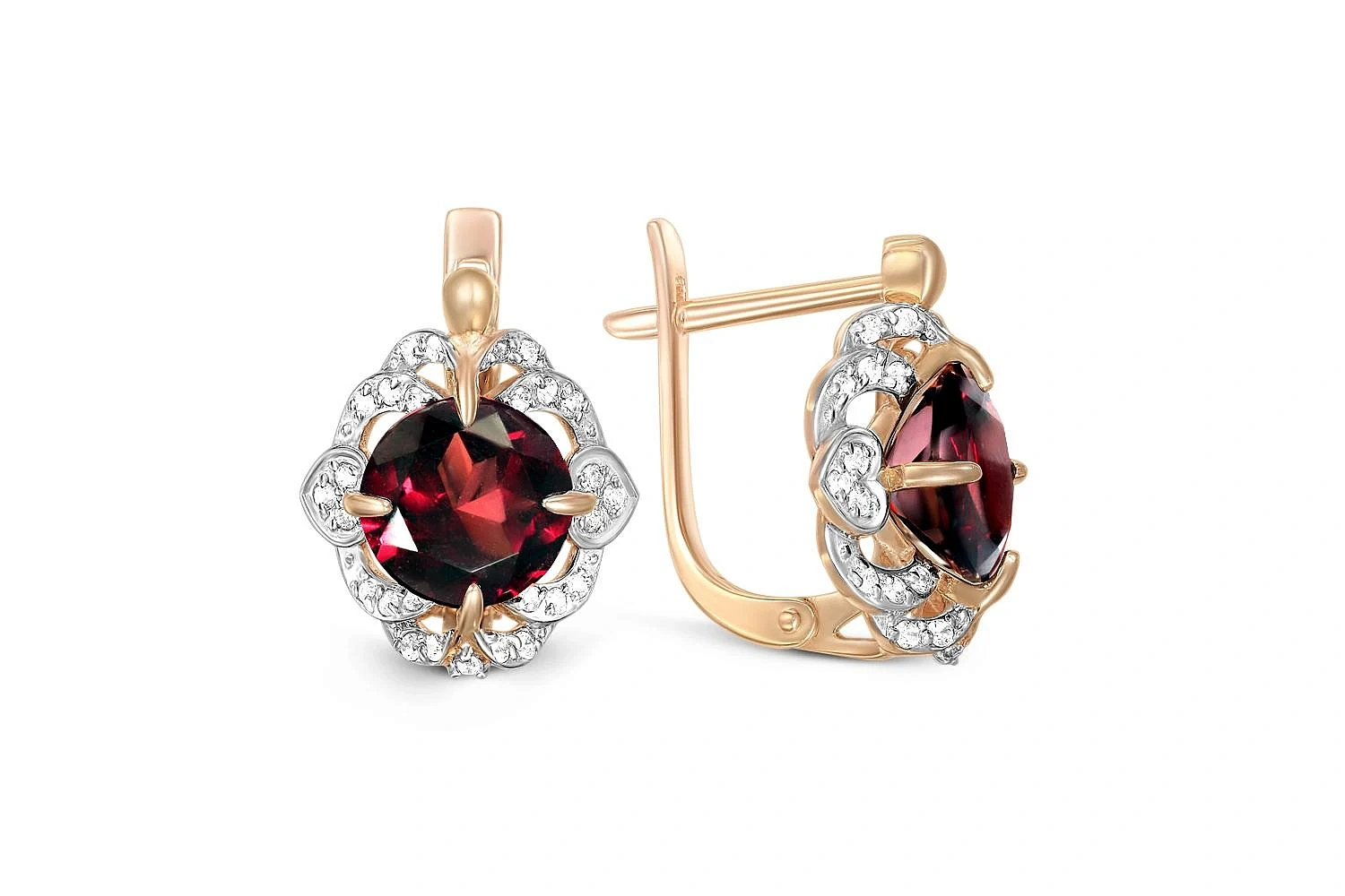 Серьги из красного золота с 2 гранатами и 52 фианитами