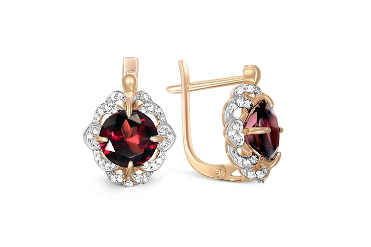 Серьги из красного золота с 2 гранатами и 52 фианитами