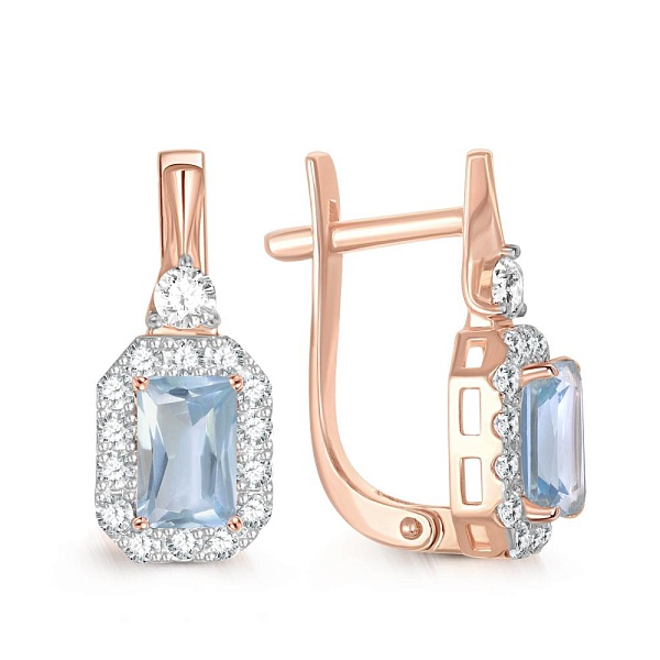 Серьги из красного золота с 2 топазами sky и 30 фианитами