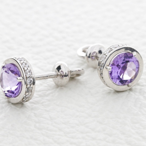 Серьги-пусеты из белого золота с 2 аметистами и 32 фианитами