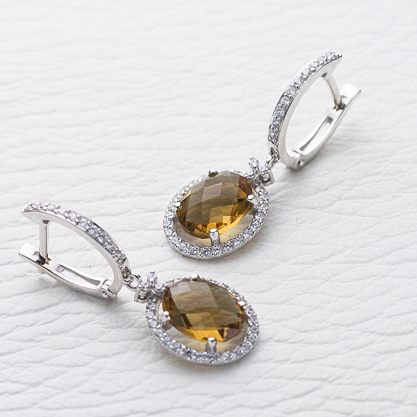 Серьги из белого золота с 2 султанитами и 74 фианитами