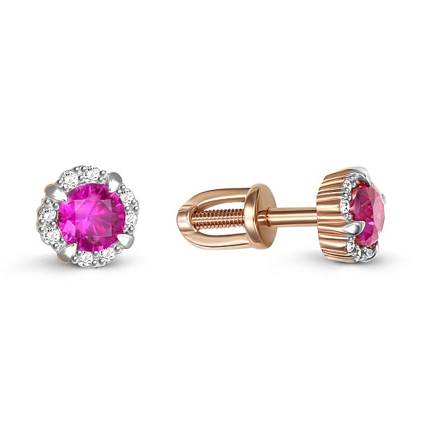 Серьги-пусеты из красного золота с 2 корундами и 16 бриллиантами