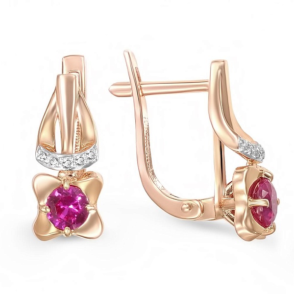 Серьги из красного золота с 2 корундами и 10 фианитами