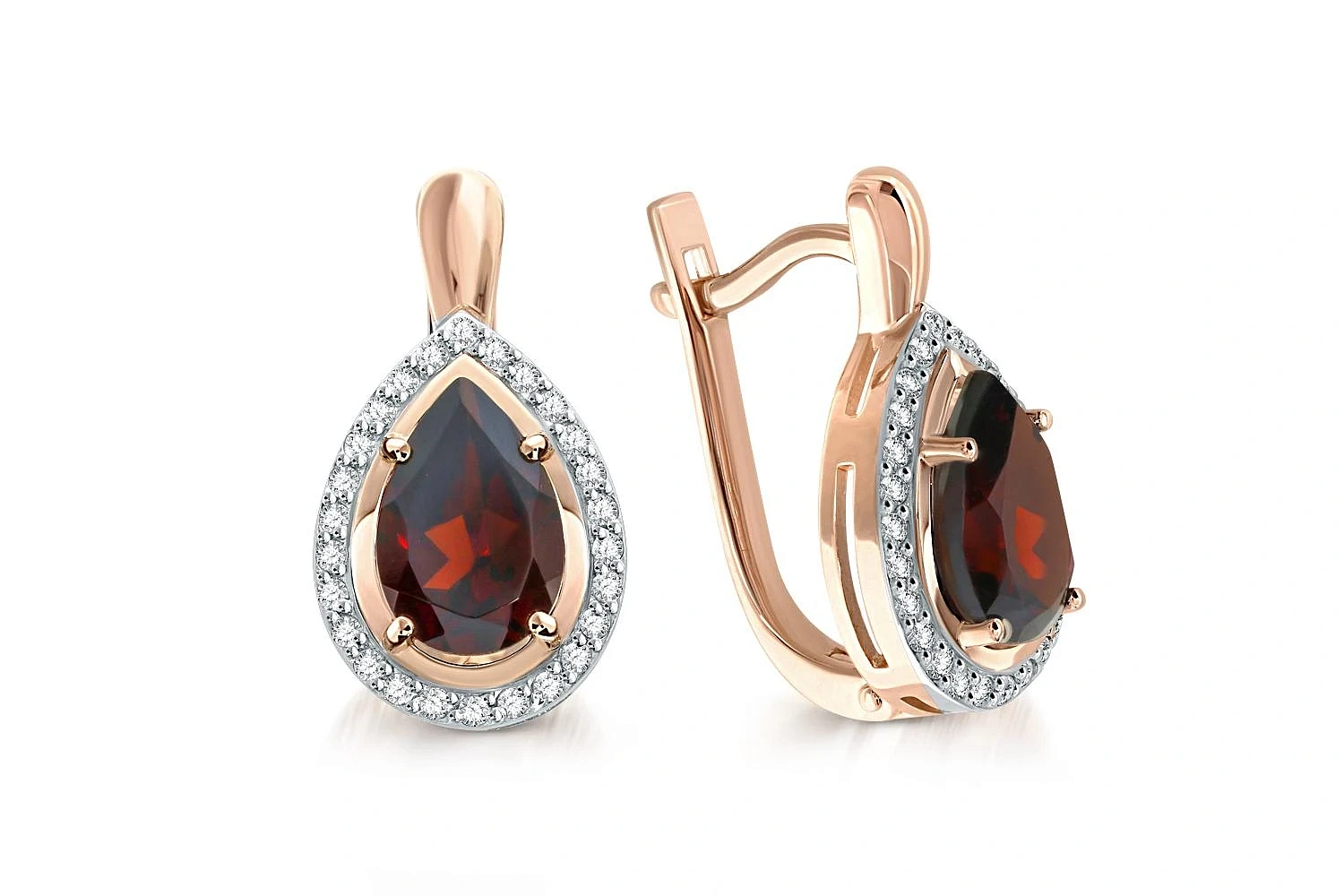 Серьги из красного золота с 2 гранатами и 52 фианитами