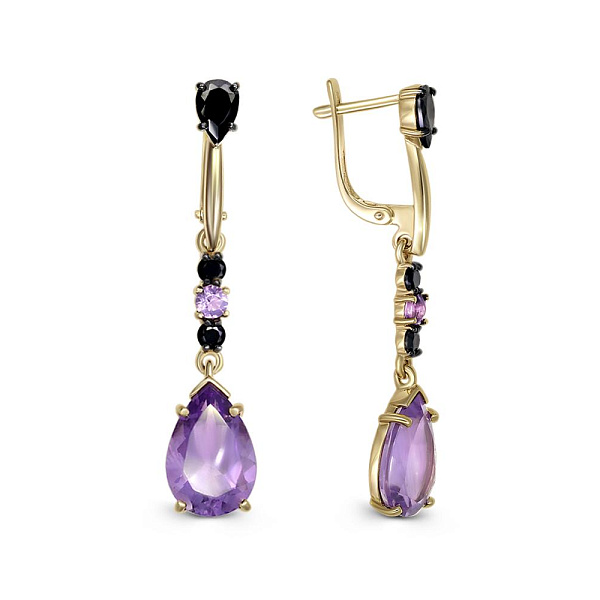 Серьги из жёлтого золота с 4 аметистами и 6 фианитами