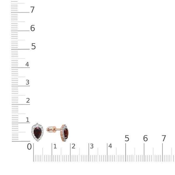 Серьги-пусеты из красного золота с 2 гранатами и 28 фианитами