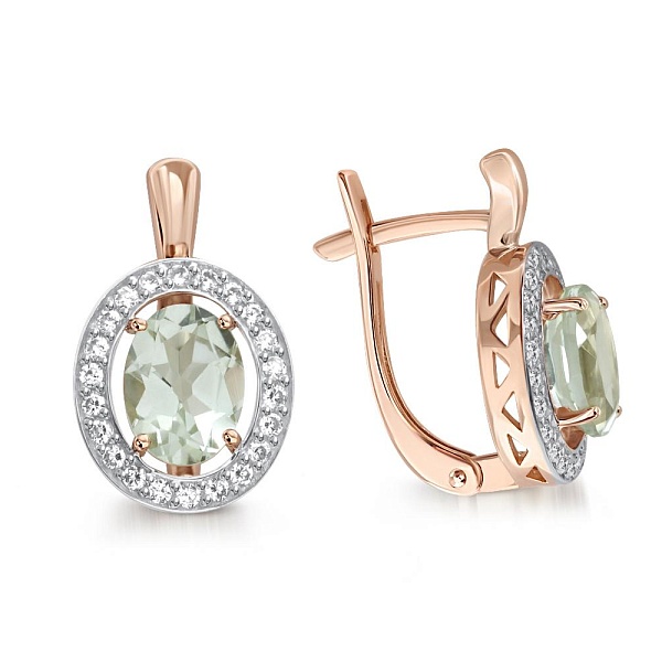 Серьги из красного золота с 2 аметистами и 44 фианитами