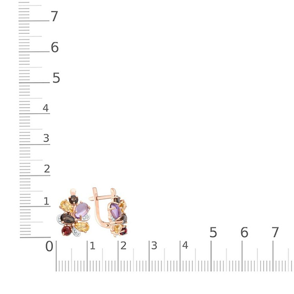 Серьги Цветы из красного золота с аметистами, гранатами и раухтопазами