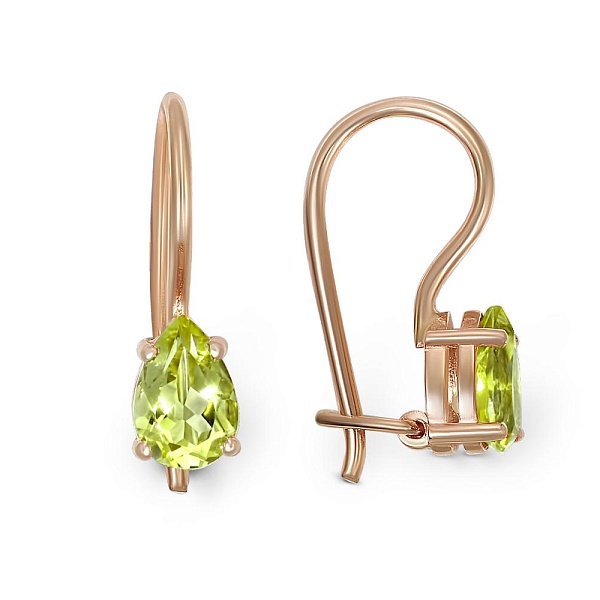 Детские серьги из красного золота с 2 хризолитами