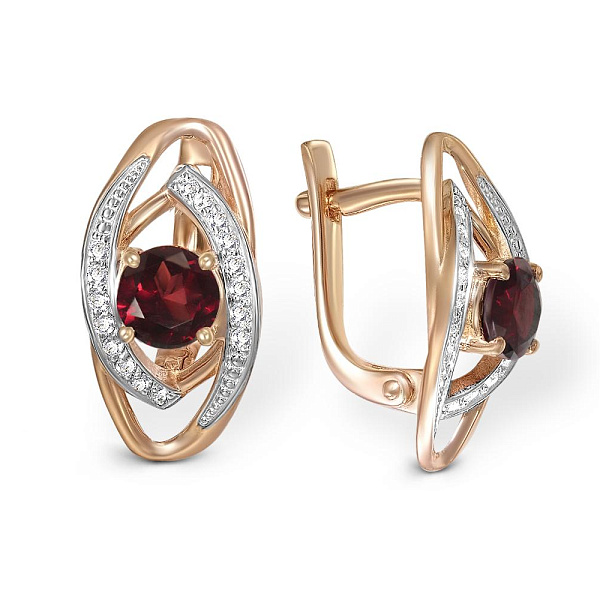 Серьги из красного золота с 2 гранатами и 32 фианитами