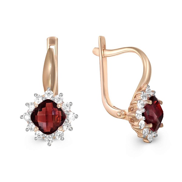 Серьги из красного золота с 2 гранатами и 24 фианитами