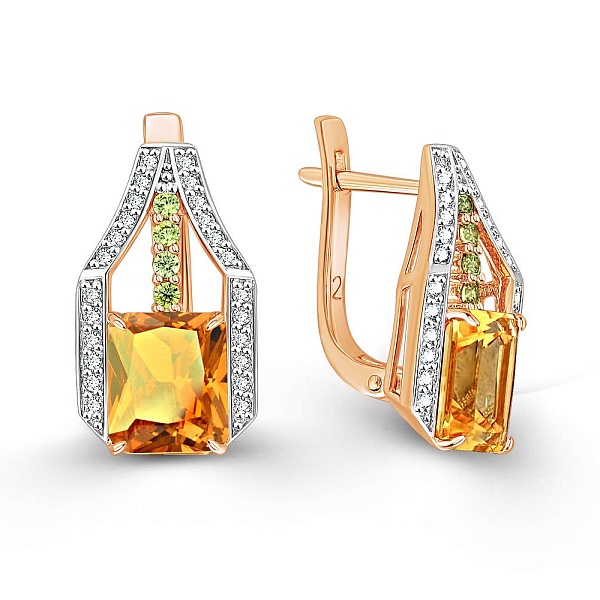 Серьги из жёлтого золота с 2 цитринами и 56 фианитами