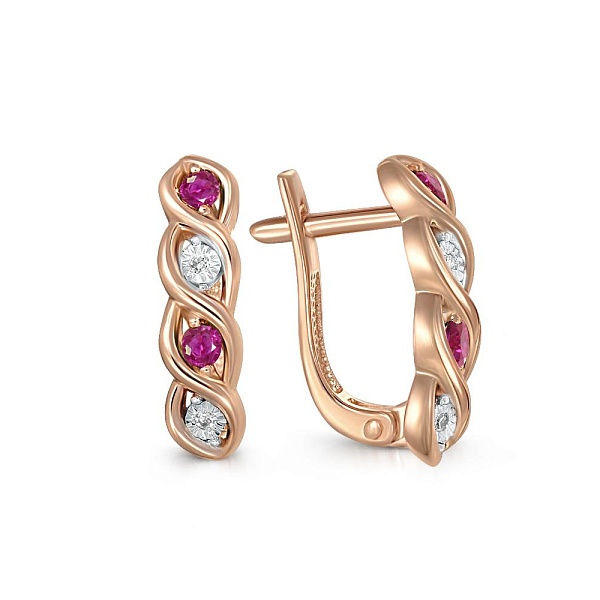 Серьги Дорожки из красного золота с 4 корундами и 4 бриллиантами