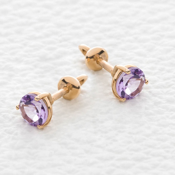 Серьги-пусеты из красного золота с 2 аметистами