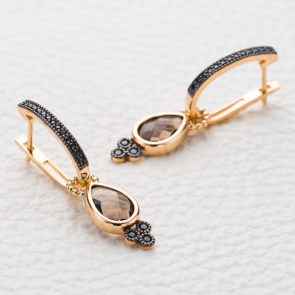 Серьги-трансформеры из красного золота с 2 раухтопазами и 6 фианитами