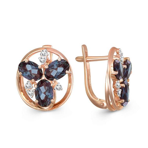 Серьги из красного золота с 6 александритами и 10 фианитами