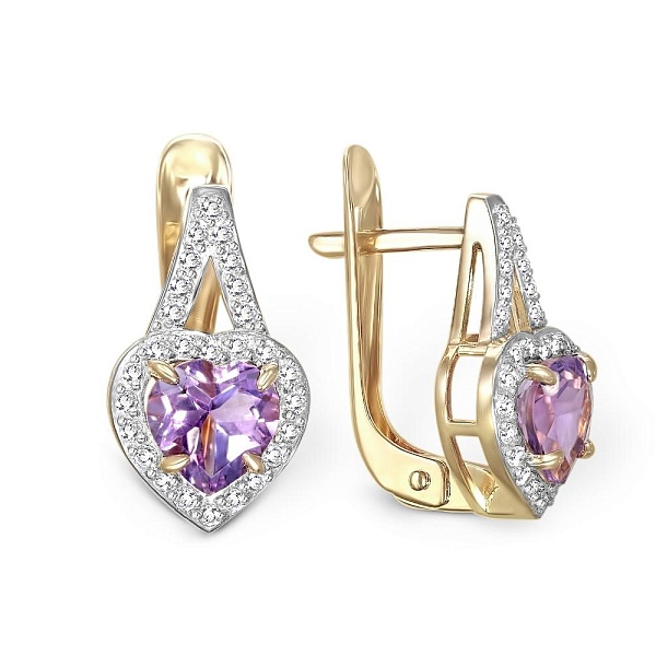 Серьги Сердца из жёлтого золота с 2 аметистами и 54 фианитами