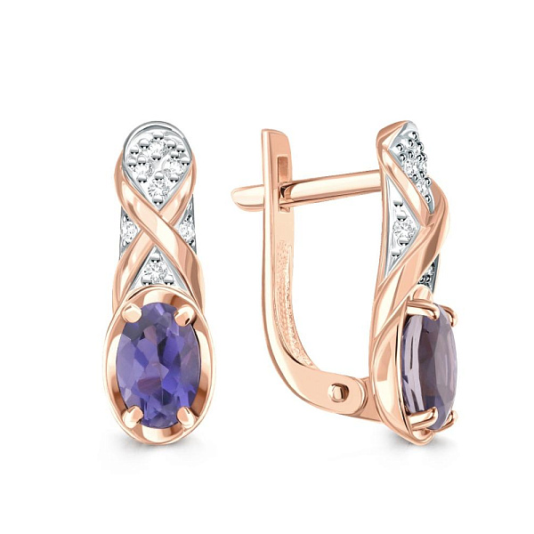 Серьги из красного золота с 2 иолитами и 14 фианитами