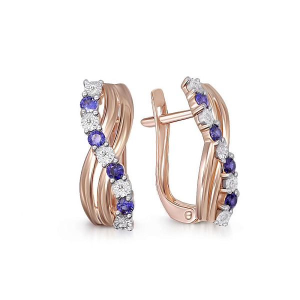 Серьги Дорожки из красного золота с 8 корундами и 10 бриллиантами