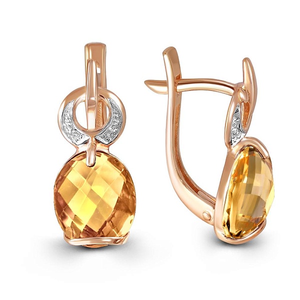Серьги из красного золота с 2 цитринами и 4 фианитами