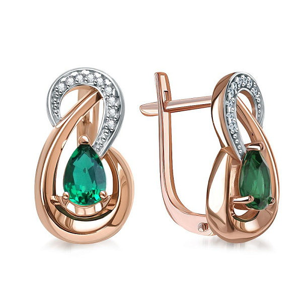Серьги из красного золота с 2 изумрудами и 18 фианитами