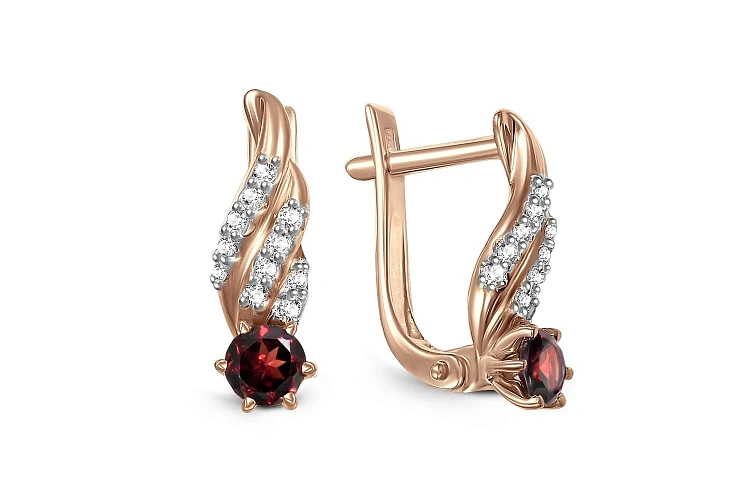 Серьги из красного золота с 2 гранатами и 22 фианитами