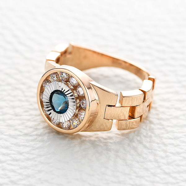 Печатка из красного золота с топазом лондон и 12 фианитами