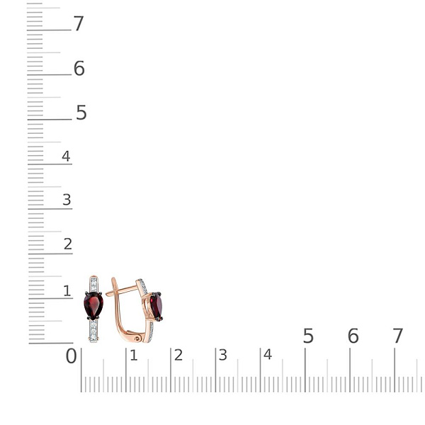Серьги из красного золота с 2 гранатами и 10 фианитами