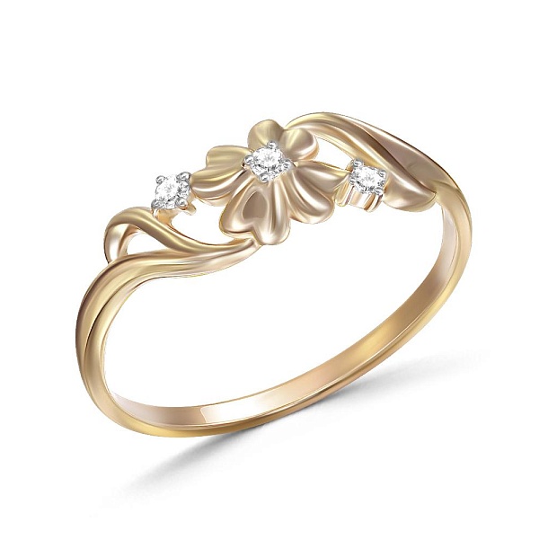 Кольцо Цветок из жёлтого золота с 3 фианитами