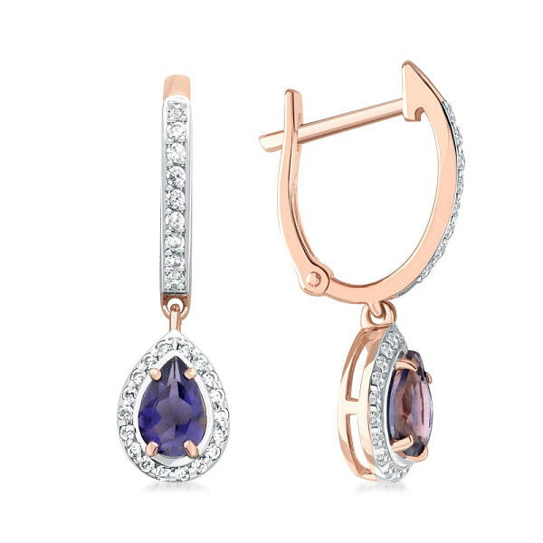 Серьги из красного золота с 2 иолитами и 54 фианитами