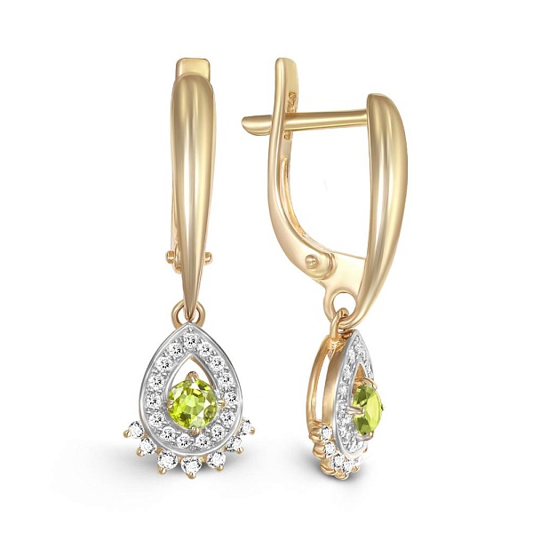 Серьги из жёлтого золота с 2 хризолитами и 44 фианитами