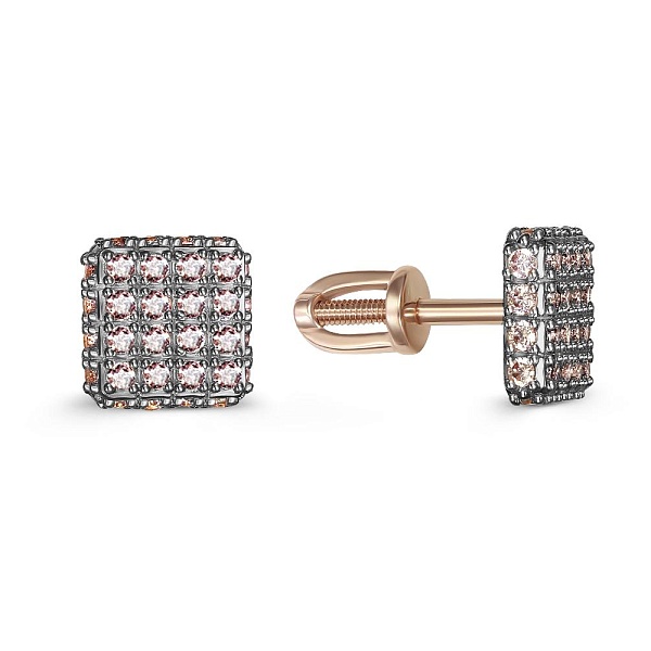 Серьги-пусеты Квадраты из красного золота с 64 фианитами