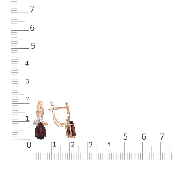 Серьги из красного золота с 2 гранатами и 6 фианитами