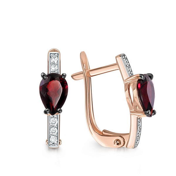 Серьги из красного золота с 2 гранатами и 10 фианитами