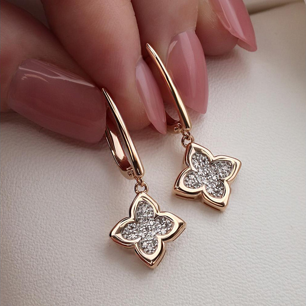 Серьги Клевер из красного золота с 42 выращенными бриллиантами