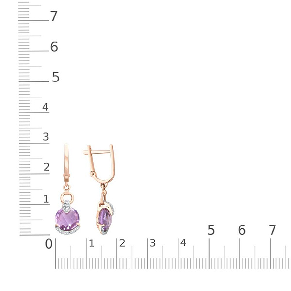 Серьги из красного золота с 2 аметистами и 28 фианитами