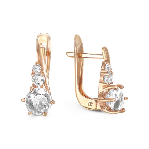 Серьги из красного золота с 2 кристаллами swarovski и 4 фианитами