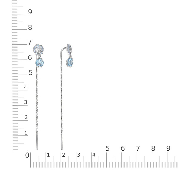 Серьги-продёвки из белого золота с 2 топазами sky и 20 фианитами