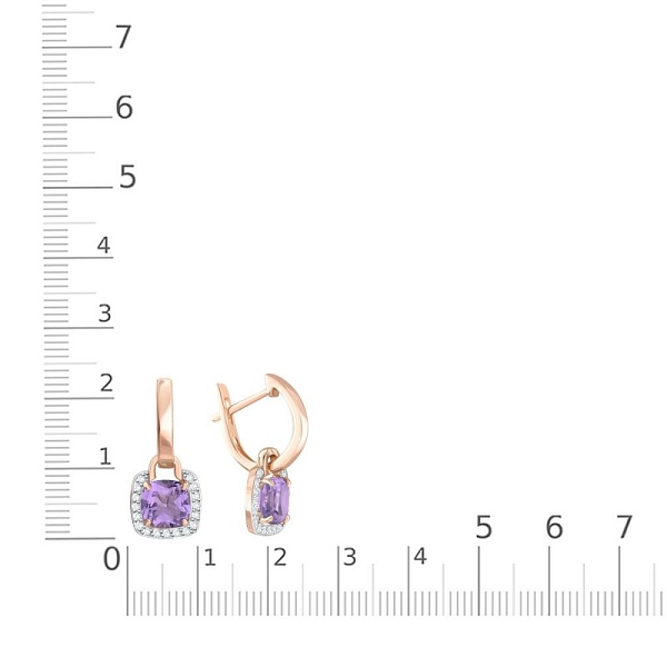 Серьги-трансформеры из красного золота с 2 аметистами и 34 фианитами