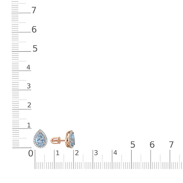 Серьги-пусеты из красного золота с 2 топазами sky и 46 фианитами