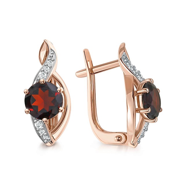 Серьги из красного золота с 2 гранатами и 12 фианитами