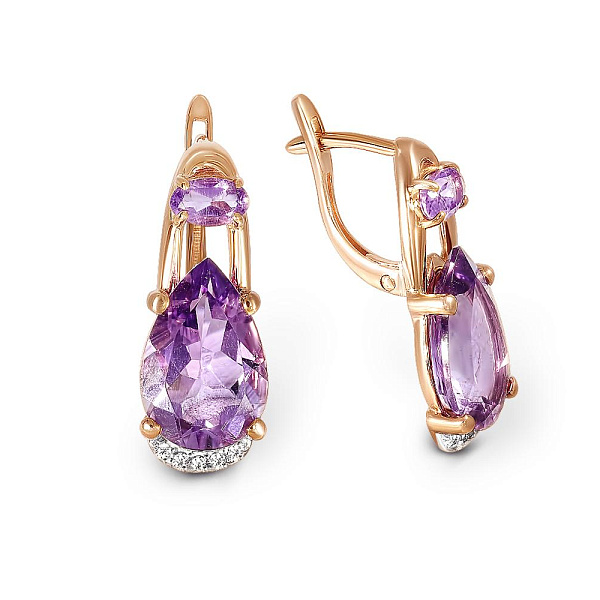 Серьги из красного золота с 4 аметистами и 10 фианитами