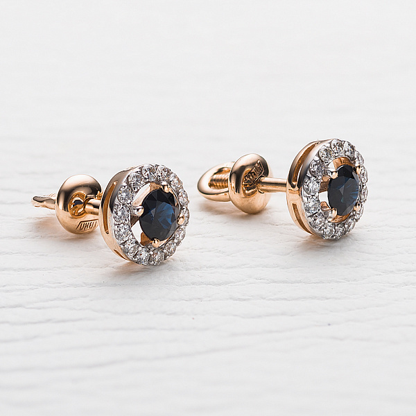 Серьги-пусеты из красного золота с 2 сапфирами и 28 бриллиантами