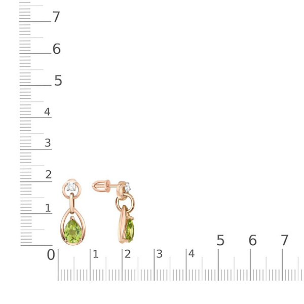 Серьги-пусеты из красного золота с 2 хризолитами и 2 фианитами