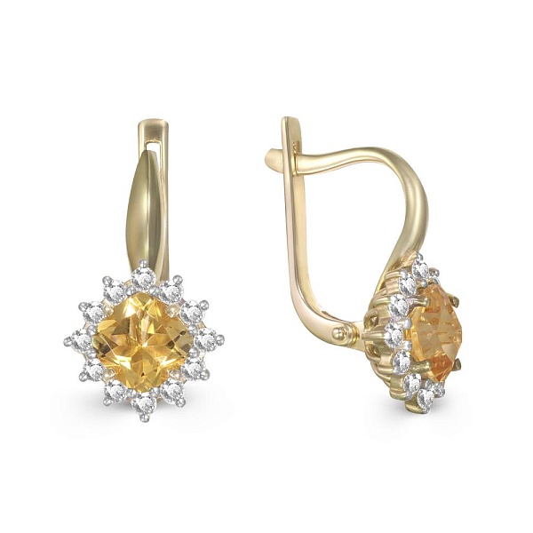 Серьги из жёлтого золота с 2 цитринами и 24 фианитами