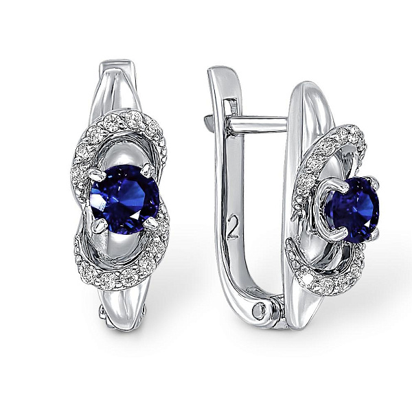 Серьги из белого золота с 2 корундами и 24 фианитами