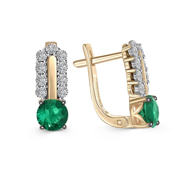 Серьги из жёлтого золота с 2 изумрудами и 18 бриллиантами