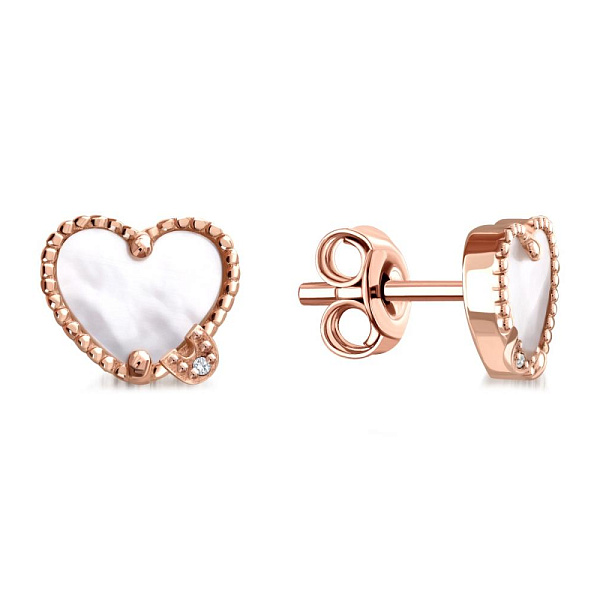Серьги-пусеты Сердца из красного золота с перламутром и 2 фианитами